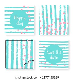 Wedding invite set with glitter confetti and stripes. Pink hearts and dots on mint and white background. Design with wedding invite set for party, event, bridal shower, save the date card.