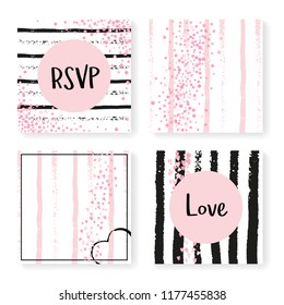 Wedding invite set with glitter confetti and stripes. Pink hearts and dots on black and pink background. Design with wedding invite set for party, event, bridal shower, save the date card.