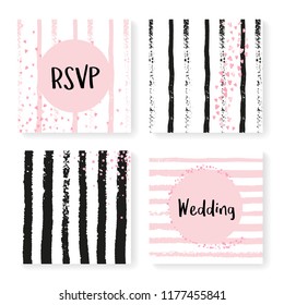 Wedding invite set with glitter confetti and stripes. Pink hearts and dots on black and pink background. Template with wedding invite set for party, event, bridal shower, save the date card.