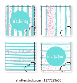 Wedding invite set with glitter confetti and stripes. Pink hearts and dots on mint and white background. Design with wedding invite set for party, event, bridal shower, save the date card.