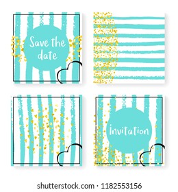 Wedding invite set with glitter confetti and stripes. Gold hearts and dots on mint and white background. Design with wedding invite set for party, event, bridal shower, save the date card.