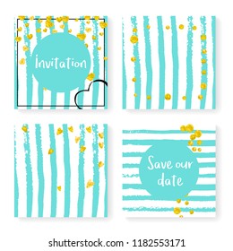 Wedding invite set with glitter confetti and stripes. Gold hearts and dots on mint and white background. Design with wedding invite set for party, event, bridal shower, save the date card.