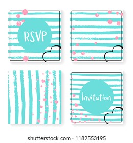 Wedding invite set with glitter confetti and stripes. Pink hearts and dots on mint and white background. Design with wedding invite set for party, event, bridal shower, save the date card.