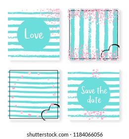 Wedding invite set with glitter confetti and stripes. Pink hearts and dots on mint and white background. Template with wedding invite set for party, event, bridal shower, save the date card.