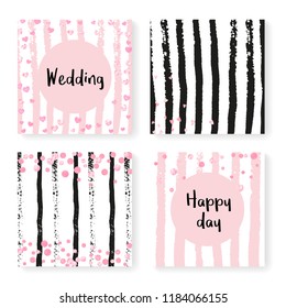 Wedding invite set with glitter confetti and stripes. Pink hearts and dots on black and pink background. Template with wedding invite set for party, event, bridal shower, save the date card.