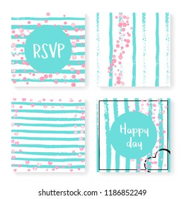 Wedding invite set with glitter confetti and stripes. Pink hearts and dots on mint and white background. Template with wedding invite set for party, event, bridal shower, save the date card.