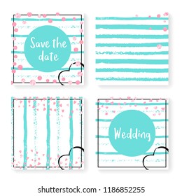 Wedding invite set with glitter confetti and stripes. Pink hearts and dots on mint and white background. Design with wedding invite set for party, event, bridal shower, save the date card.