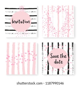 Wedding invite set with glitter confetti and stripes. Pink hearts and dots on black and pink background. Design with wedding invite set for party, event, bridal shower, save the date card.