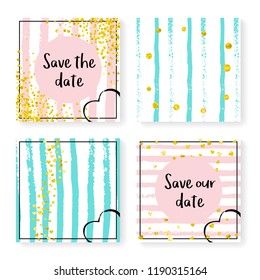 Wedding invite set with glitter confetti and stripes. Gold hearts and dots on pink and mint background. Template with wedding invite set for party, event, bridal shower, save the date card.