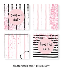 Wedding invite set with glitter confetti and stripes. Pink hearts and dots on black and pink background. Design with wedding invite set for party, event, bridal shower, save the date card.