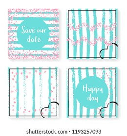 Wedding invite set with glitter confetti and stripes. Pink hearts and dots on mint and white background. Template with wedding invite set for party, event, bridal shower, save the date card.