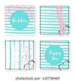 Wedding invite set with glitter confetti and stripes. Pink hearts and dots on mint and white background. Design with wedding invite set for party, event, bridal shower, save the date card.