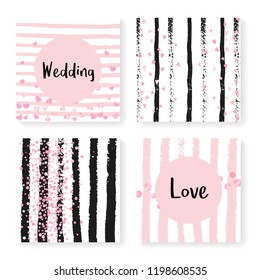 Wedding invite set with glitter confetti and stripes. Pink hearts and dots on black and pink background. Design with wedding invite set for party, event, bridal shower, save the date card.
