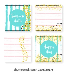 Wedding invite set with glitter confetti and stripes. Gold hearts and dots on pink and mint background. Template with wedding invite set for party, event, bridal shower, save the date card.