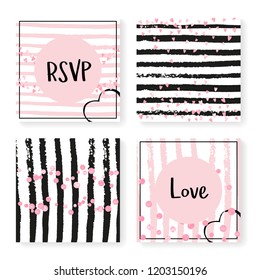Wedding invite set with glitter confetti and stripes. Pink hearts and dots on black and pink background. Template with wedding invite set for party, event, bridal shower, save the date card.