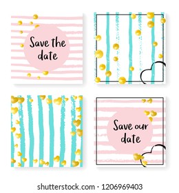 Wedding invite set with glitter confetti and stripes. Gold hearts and dots on pink and mint background. Template with wedding invite set for party, event, bridal shower, save the date card.