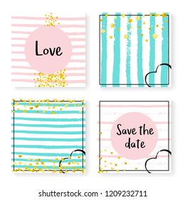 Wedding invite set with glitter confetti and stripes. Gold hearts and dots on pink and mint background. Design with wedding invite set for party, event, bridal shower, save the date card.