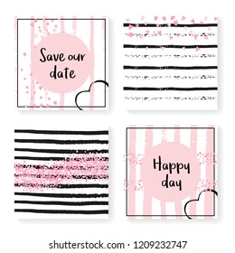 Wedding invite set with glitter confetti and stripes. Pink hearts and dots on black and pink background. Template with wedding invite set for party, event, bridal shower, save the date card.