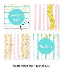Wedding invite set with glitter confetti and stripes. Gold hearts and dots on pink and mint background. Design with wedding invite set for party, event, bridal shower, save the date card.