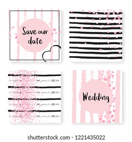 Wedding invite set with glitter confetti and stripes. Pink hearts and dots on black and pink background. Design with wedding invite set for party, event, bridal shower, save the date card.