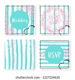 Wedding invite set with glitter confetti and stripes. Pink hearts and dots on mint and white background. Design with wedding invite set for party, event, bridal shower, save the date card.