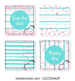 Wedding invite set with glitter confetti and stripes. Pink hearts and dots on mint and white background. Template with wedding invite set for party, event, bridal shower, save the date card.