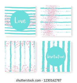 Wedding invite set with glitter confetti and stripes. Pink hearts and dots on mint and white background. Template with wedding invite set for party, event, bridal shower, save the date card.