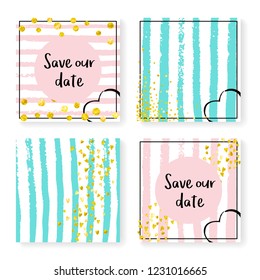 Wedding invite set with glitter confetti and stripes. Gold hearts and dots on pink and mint background. Design with wedding invite set for party, event, bridal shower, save the date card.