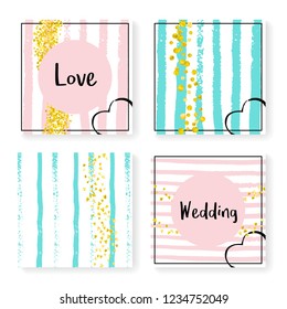 Wedding invite set with glitter confetti and stripes. Gold hearts and dots on pink and mint background. Design with wedding invite set for party, event, bridal shower, save the date card.