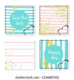 Wedding invite set with glitter confetti and stripes. Gold hearts and dots on pink and mint background. Design with wedding invite set for party, event, bridal shower, save the date card.