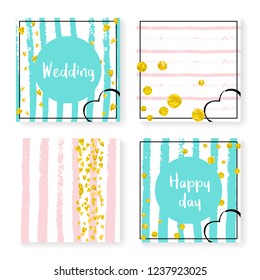 Wedding invite set with glitter confetti and stripes. Gold hearts and dots on pink and mint background. Design with wedding invite set for party, event, bridal shower, save the date card.
