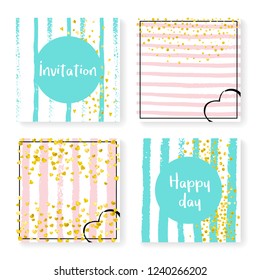 Wedding invite set with glitter confetti and stripes. Gold hearts and dots on pink and mint background. Design with wedding invite set for party, event, bridal shower, save the date card.