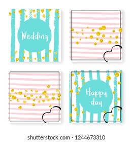 Wedding invite set with glitter confetti and stripes. Gold hearts and dots on pink and mint background. Template with wedding invite set for party, event, bridal shower, save the date card.