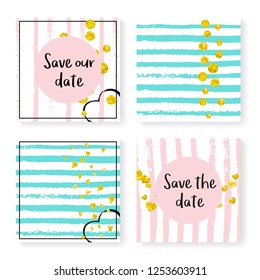 Wedding invite set with glitter confetti and stripes. Gold hearts and dots on pink and mint background. Design with wedding invite set for party, event, bridal shower, save the date card.