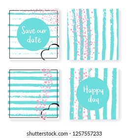 Wedding invite set with glitter confetti and stripes. Pink hearts and dots on mint and white background. Template with wedding invite set for party, event, bridal shower, save the date card.