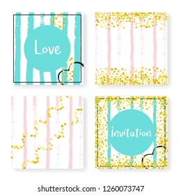 Wedding invite set with glitter confetti and stripes. Gold hearts and dots on pink and mint background. Design with wedding invite set for party, event, bridal shower, save the date card.