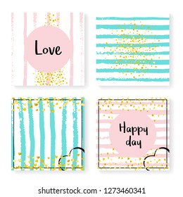 Wedding invite set with glitter confetti and stripes. Gold hearts and dots on pink and mint background. Design with wedding invite set for party, event, bridal shower, save the date card.