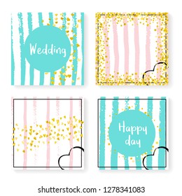 Wedding invite set with glitter confetti and stripes. Gold hearts and dots on pink and mint background. Design with wedding invite set for party, event, bridal shower, save the date card.