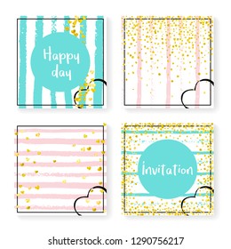 Wedding invite set with glitter confetti and stripes. Gold hearts and dots on pink and mint background. Template with wedding invite set for party, event, bridal shower, save the date card.