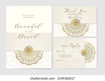 Wedding invite set with golden mandala. Beautiful wedding invitation card template.