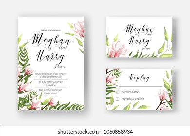 Wedding invite template with watercolor blooming magnolia, blossom branch of pink flowers, invite cards for marriage, rsvp reply with leaves, branch, greenery. Decorative design  in elegant style.