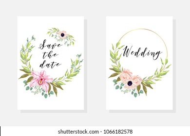 Wedding invite template with watercolor blooming orchid, blossom anemones, pink flowers with leaves, branch, greenery, fern. Invite set cards for marriage. Decorative design elements in elegant style.