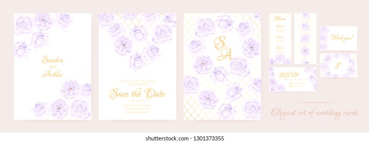 Wedding Invite, Thank You Cards, Border of Vintage Roses. Floral Frame, Decorative Elements. Vector Vintage Flowers in Watercolor Style. Save the Date Collection, Greeting Card, Menu, Rsvp, Thank You.