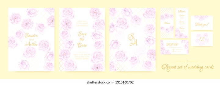 Wedding Invite, Thank You Cards, Border of Vintage Roses. Floral Frame, Decorative Elements. Vector Vintage Flowers in Watercolor Style. Save the Date Collection, Greeting Card, Menu, Rsvp, Thank You.
