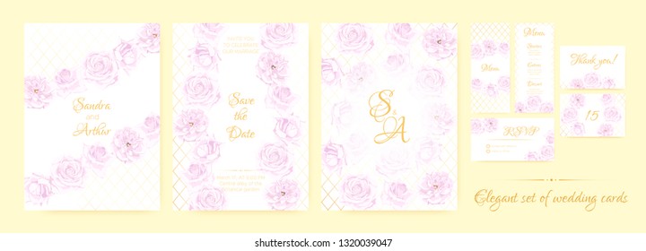 Wedding Invite, Thank You Cards, Border of Vintage Roses. Floral Frame, Decorative Elements. Vector Vintage Flowers in Watercolor Style. Save the Date Collection, Greeting Card, Menu, Rsvp, Thank You.