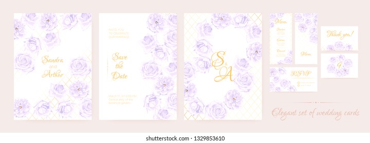 Wedding Invite, Thank You Cards, Border of Vintage Roses. Floral Frame, Decorative Elements. Vector Vintage Flowers in Watercolor Style. Save the Date Collection, Greeting Card, Menu, Rsvp, Thank You.