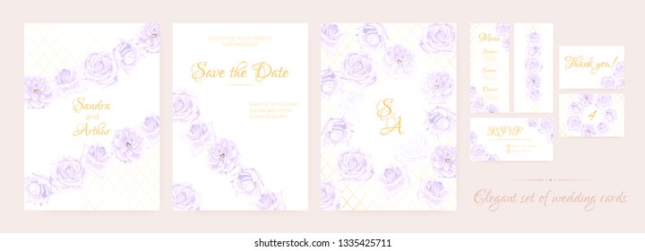 Wedding Invite, Thank You Cards, Border of Vintage Roses. Floral Frame, Decorative Elements. Vector Vintage Flowers in Watercolor Style. Save the Date Collection, Greeting Card, Menu, Rsvp, Thank You.