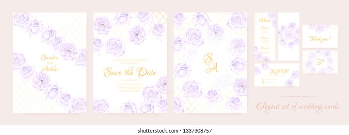 Wedding Invite, Thank You Cards, Border of Vintage Roses. Floral Frame, Decorative Elements. Vector Vintage Flowers in Watercolor Style. Save the Date Collection, Greeting Card, Menu, Rsvp, Thank You.