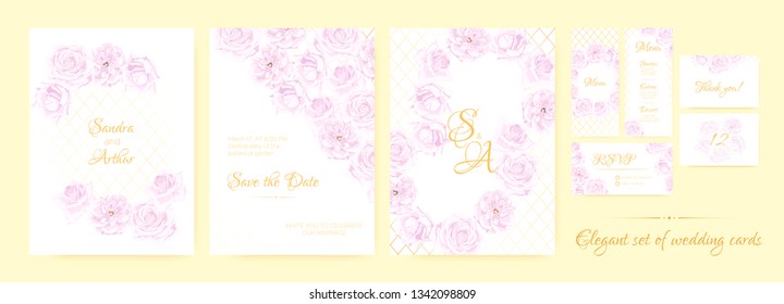 Wedding Invite, Thank You Cards, Border of Vintage Roses. Floral Frame, Decorative Elements. Vector Vintage Flowers in Watercolor Style. Save the Date Collection, Greeting Card, Menu, Rsvp, Thank You.
