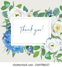 Wedding invite, thank you greeting card template design. Blue hydrangea flower, yellow roses, white eustoma, eucalyptus branches, greenery leaves bouquet frame, wreath. Elegant vector art illustration